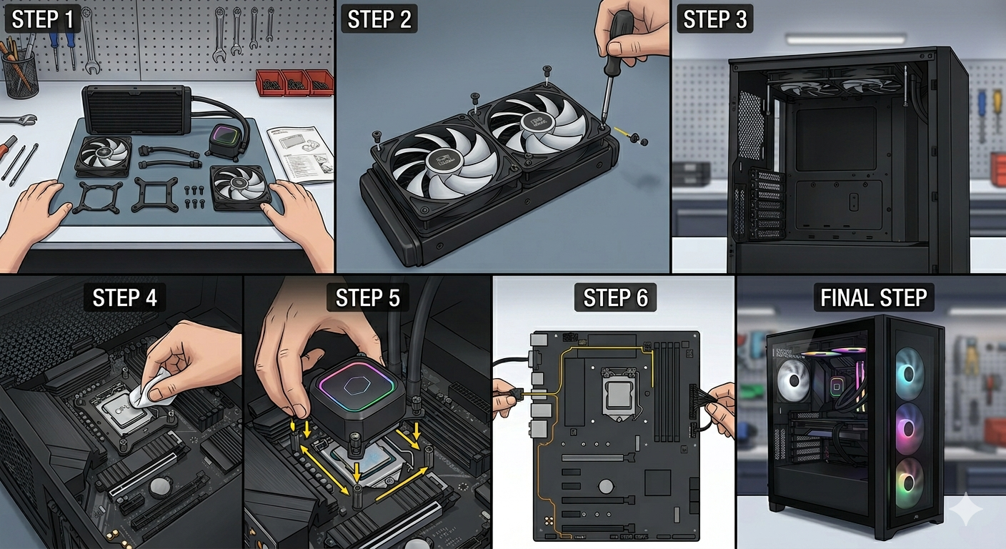 Summary visual showing liquid cooler mounting steps